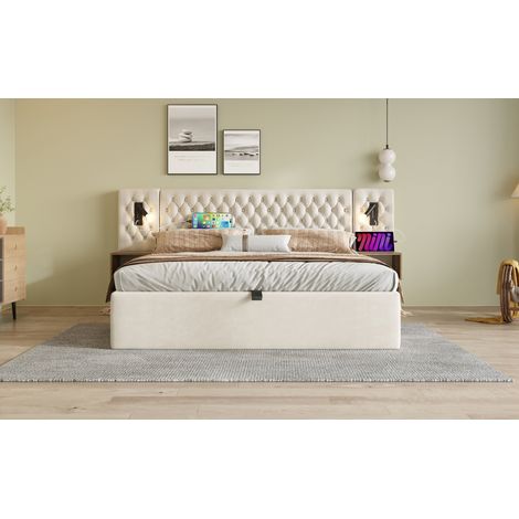 Bett mit Stauraum 160x200 cm, Samt Beige, mit 2 Nachttischen, Leselicht, USB/Type-C, hydraulischem Bettkasten (1/5)