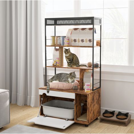 Mueble arenero para gatos 80x48x152 cm de madera marrón con estantería - MEUBLIV (1/5)