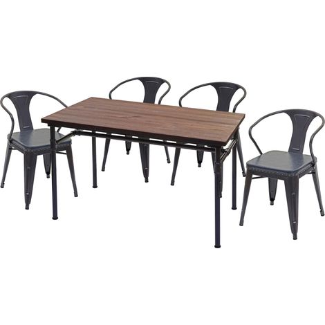 [NON UTILIZZATO] Set tavolo con 4x sedie design industriale HHG-486 acciaio verniciato legno di olmo grigio