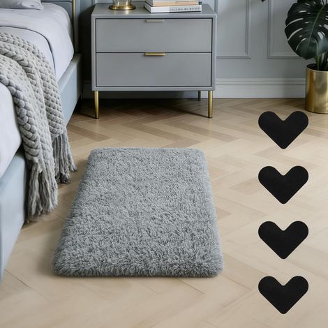 Tapis Salon Shaggy Poil Long, 60 x 90 cm Tapis Chambre Moelleux Doux Lavable Antidérapant Descente de Lit Chambre avec 4 Bandes adhésives, Idéal pour Salon, Chambre, Couloir