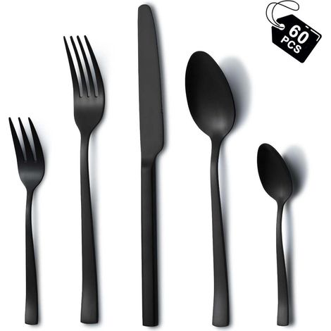 Besteck 12 Edelstahl Gabel Löffel Messer 60 Teilig Schwarz 60 teilig (1/5)