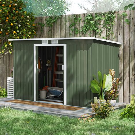 Abri de jardin en acier, porte coulissante, toit monopente, 280 x 130 x 172 cm, vert clair (1/5)