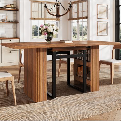 Table à manger extensible 120 à 200 x 80 x 78 cm, 2 à 8 places, rangement dissimulé, plateau MDF aspect bois brun foncé, pieds en métal noir, pour cuisine et bureau CHICFURN (1/5)
