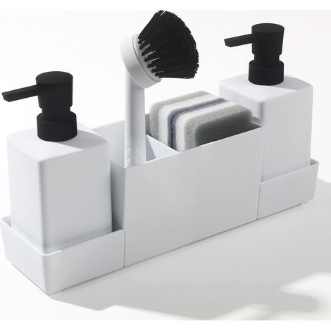 Dispensador de jabón de cocina con soporte para esponja para fregadero, dispensador de jabón de manos y lavavajillas líquido con cepillo (blanco) (1/5)