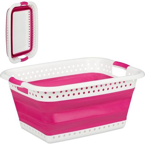 panier à lessive pliable poignées, plastique et silicone, corbeille peu encombrante, HlP 27x61x45,5cm,rose (1/5)