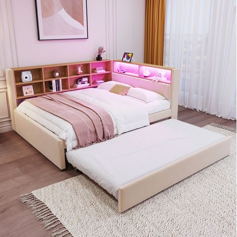 letto contenitore 140x200 estraibile con LED beige OKMYHOME (1/5)