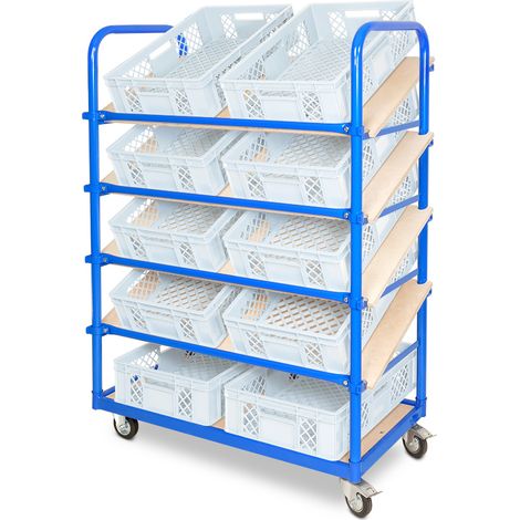BRB Schrägboden-Regalwagen mit 5 Ebenen, bestückt mit 10 Euroboxen BxTxH 600x400x150 mm, durchbrochen, BxTxH 1050x500x1450 mm (weiß)