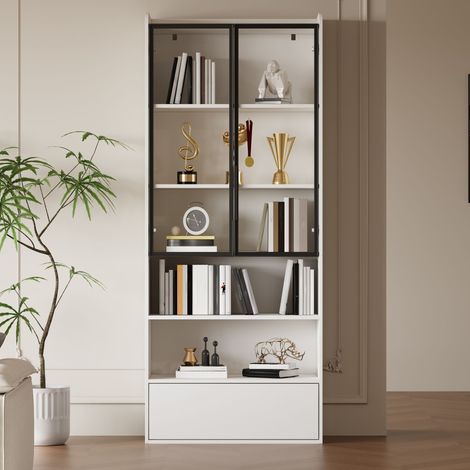 Vitrine 80 x 34 x 180 cm, armoire haute avec porte vitrée, éclairage LED, étagère, tiroir, étagère indépendante, MDF, rangement pour salon, blanc (1/5)
