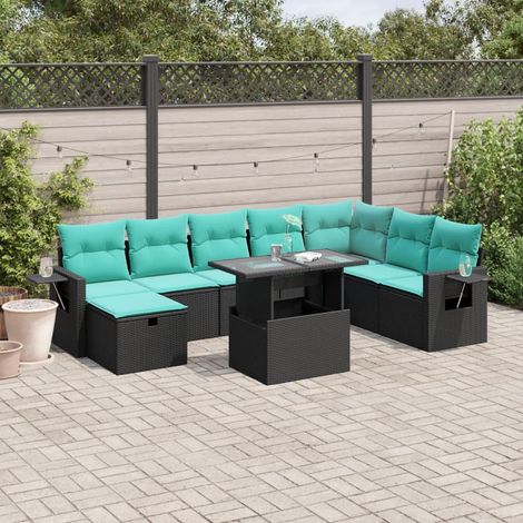 9-teiliges Gartensofa-Set mit Kissen, schwarzes Polyrattan (1/5)