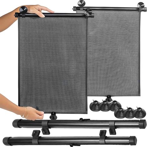 Lot de 2 pare-soleil rétractables Retoo pour voiture, protection UV, fixation par ventouse, pour vitres latérales, 40 x 45 cm, PVC, noir (1/5)