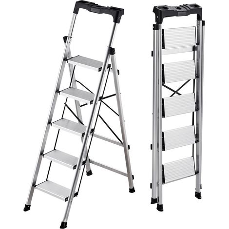 Escabeau Pliable 5 Marches Aluminium, Marchepied Antidérapant Large avec Poignée Confort, Support 150 kg, Escalier Portable Multifonction pour Cuisine, Entrepôt, Maison et Bureau, Argenté (1/5)