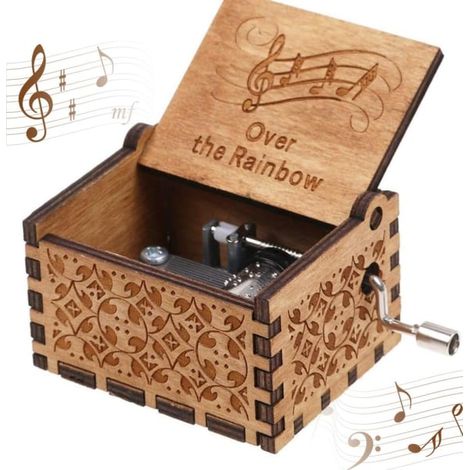 Boîte à musique « Over the Rainbow », en bois vintage, faite main, gravée et sculptée, à manivelle. Cadeau idéal pour les fêtes et les amis. Couleur : marron. (1/5)