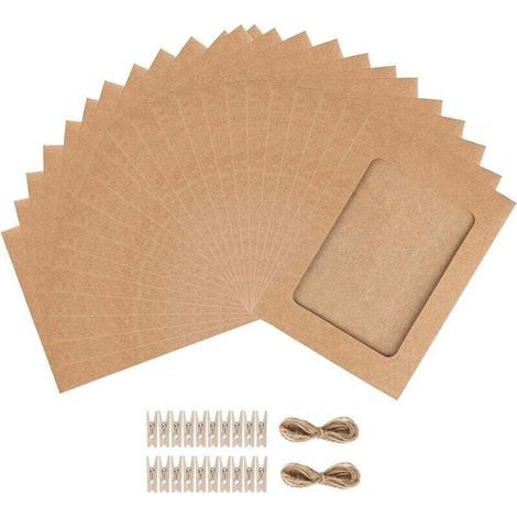 Set mit 30 Bilderrahmen aus Kraftpapier, 30 Holzklammern und Hanfseil – 11,5 x 15,5 cm – Braun (1/4)