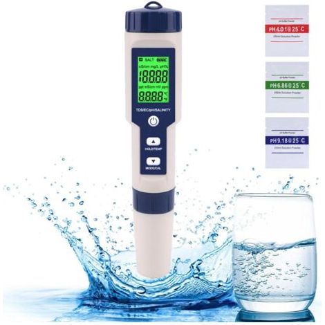 Ph-mètre 5 en 1 – Testeur qualité de l'eau avec écran LCD – Mesure pH, TDS, EC, salinité, température – Étanchéité IP67 (1/5)