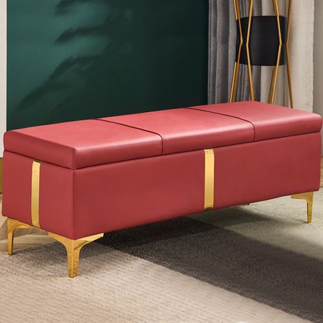 Cassapanca Contenitore Rosso in Ecopelle con Piedini in Metallo Oro Panca Pouf (1/4)