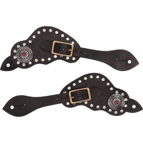 1 paire de sangles d'éperons en cuir noir avec strass, style western vintage, pour l'équitation en extérieur (1/5)