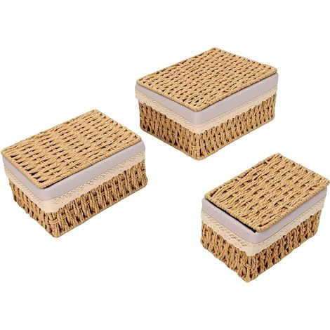Woven Storage Basket with Lid, Cotton Lined, Set of 3 (1/5)