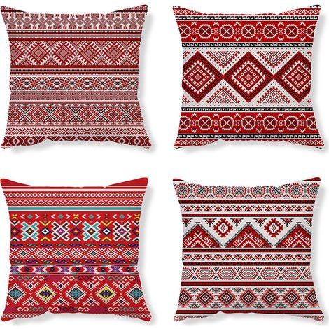 Housses De Coussin Taie D Oreiller Coussin Ethnique Taie D Oreiller Rouge Housse De Coussin Abstrait Housse Coussin Lin Coussin Geometrique Taie Oreiller 45X45 Lot De 4 Pour Canapé Chambre Maison (1/5)
