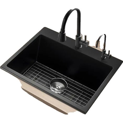 Fregadero de cocina, 635 x 559 x 254 mm, granito compuesto, monobloque, independiente, 1 orificio (1/5)