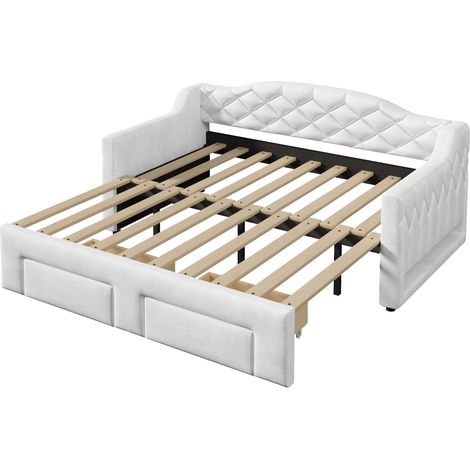 Cama de día tapizada blanca 90x200 a 180x200 cm con 2 cajones y LED (1/5)