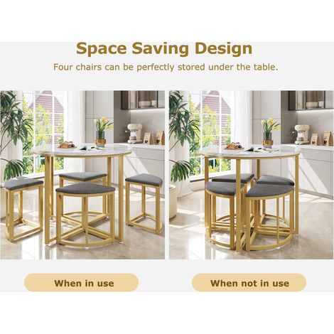Conjunto de mesa de comedor redonda 80 cm y 4 sillas, blanco y gris, MDF y metal (1/5)
