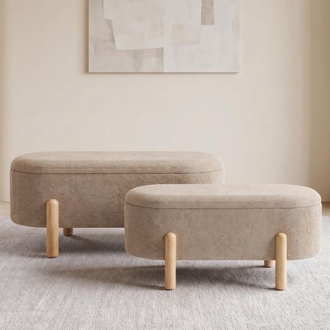 Wahson Set of 2 Storage Benches, 110 cm & 90 cm Upholstered Chenille End of Bed Benches with Wooden Legs and Adjustable Foot Pads, Modern Entryway Benches for Bedroom, Living Room or Hallway, Brown (1/5)
