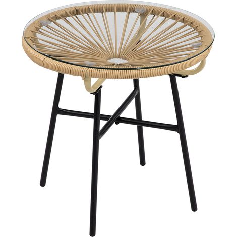 Runder Bistrotisch aus beigem Polyrattan mit Sicherheitsglasplatte, 50 x 50 x 50 cm (1/5)