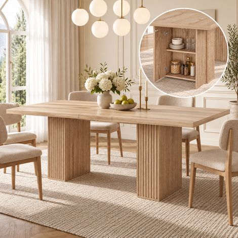 Table de salle à manger extensible 150/190 x 90 cm, idéale pour 6 à 8 personnes, avec espace de rangement, plateau épais, style scandinave, coloris chêne. (1/5)