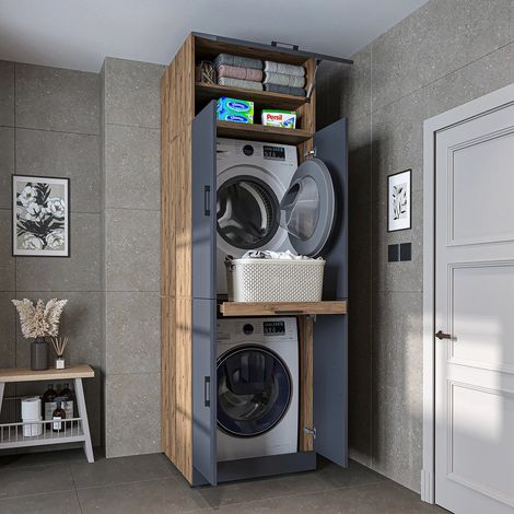 Dora Washer and Dryer Stacker Cabinet with Double Doors, Pull-Out Basket Shelf and Overhead Storage, Oak Effect and Anthracite (1/5)
