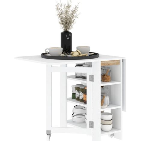 Table blanche pliante avec abattants, roulettes et étagères, 120x60x75 cm, pratique et compacte pour cuisine repas mobile