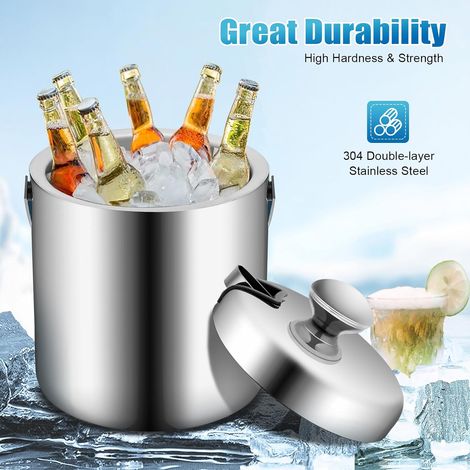 Bac à glaçons 1300 ml en acier inoxydable avec couvercle et pince, bac à glace isolé à double paroi pour les fêtes, la bière, le bar, le vin frais, le champagne, argenté (1/5)