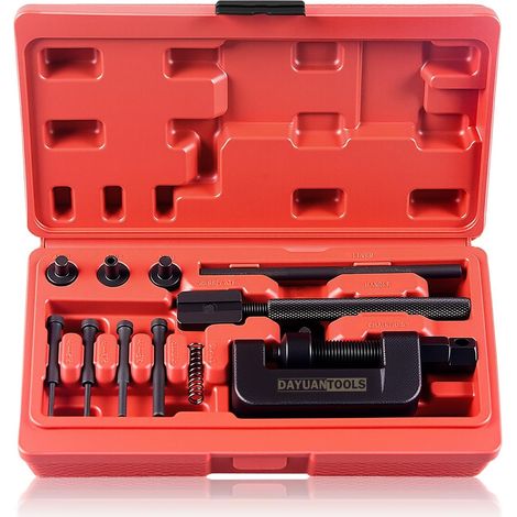 Set di 13 pezzi per tagliare e rivettare catene, ideale per motociclette, biciclette e mountain bike, con custodia per il trasporto. (1/5)