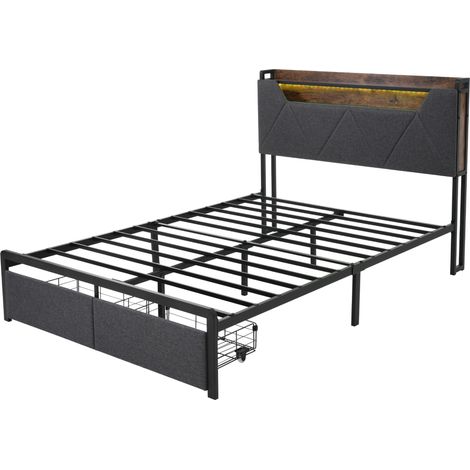Cama con arcón 140 x 200 cm gris con cabecero de almacenaje y LED, estructura metálica HOMVRA (1/5)
