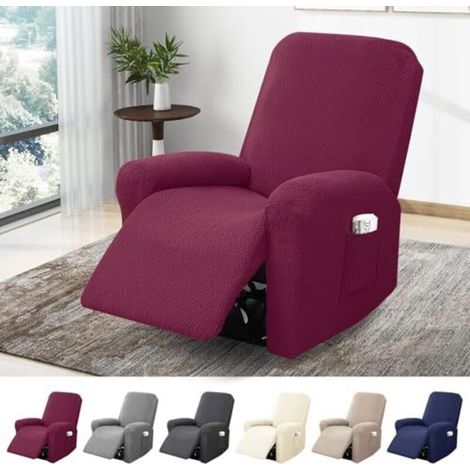 [NEVER USED] 1-seater armchair cover, stretch armchair covers with pockets, all-inclusive striped jacquard armchair protector for TV armchairs and recliners (burgundy, 4-piece set)