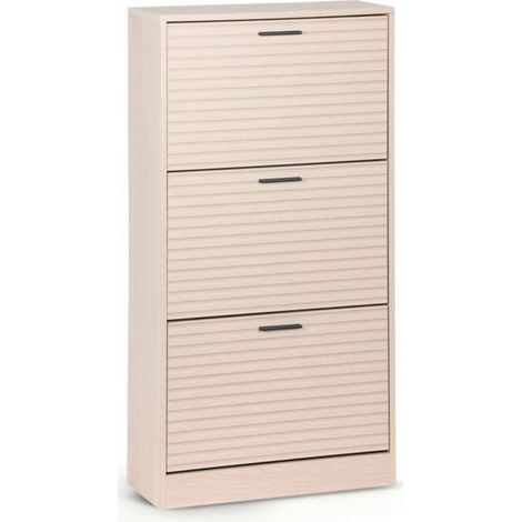 Meuble à chaussures - JUANIO - Meuble range-chaussures 3 abattants - Jusqu'à 18 paires - Effet bois clair - Poignées noires (1/5)