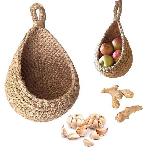 Panier suspendu en osier tressé, rangement mural pour fruits et légumes, corbeille à provisions de cuisine, accrochage au mur ou au plafond, pour table et décoration intérieure (1/4)