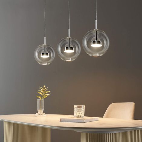Verchromte LED-Pendelleuchte mit drei transparenten Glaskugeln - Gica (1/5)