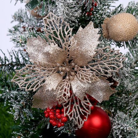 12 poinsettias artificiels scintillants pour décorer le sapin de Noël (champagne, 11 cm) (1/5)