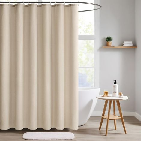 Rideau de douche texturé en lin, 180 x 200 cm, Beige, En polyester lourd, Imperméable, Anti-moisissure, Lavable, Avec anneaux (1/5)