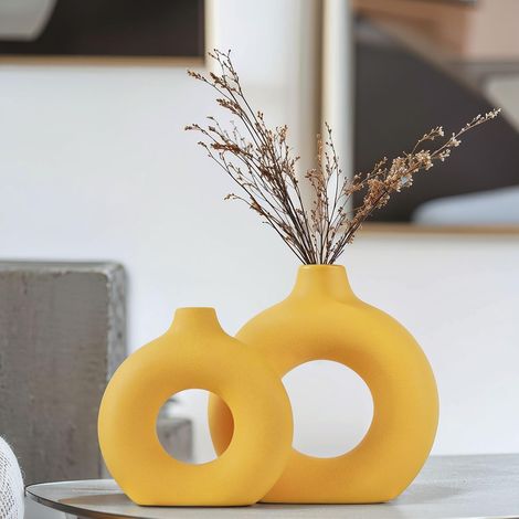 Lot de 2 vases Jaunes en céramique pour décoration d'intérieur, Vase Rond bohème pour décoration d'intérieur, Herbe de la Pampa et Fleurs, Chambre, Table Basse, cheminée, Ferme et centres de Table (1/5)