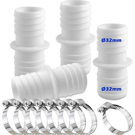 Lot de 4 raccords de tuyau de 32 mm avec 8 colliers de serrage pour piscine - Adaptateur de tuyau double (blanc) (1/5)