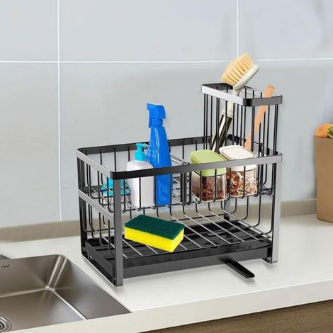 Porte Éponge Évier 2 Couches – Acier Carbone 9.25", Avec Égouttoir (1/5)