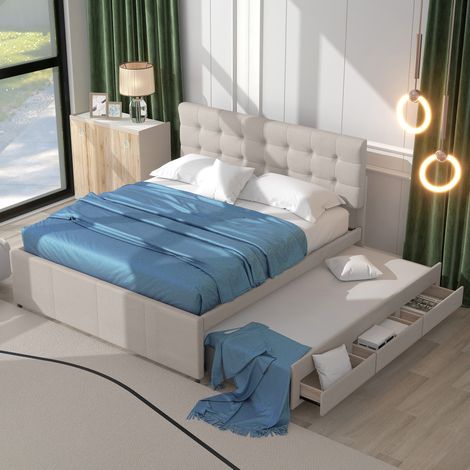 Cama para adulto 140x200 cm, cama nido doble tapizada, con 3 cajones, cabecero regulable en altura, Lino, sin colchón, beige (1/5)