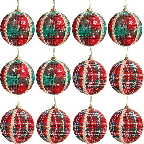 Vous Boule de Noel (Lot de 12) - Boules de Noel Vertes et Rouges en Tartan de 8 cm avec Ficelle - Boules de Sapin de Noël pour Décoration de Noel Intérieure et Suspension Sapin de Noel (1/5)
