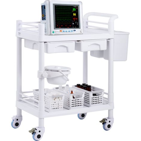 VEVOR Chariot utilitaire roulant 2étagères 2tiroirs, roues silencieuses, PP robuste, 3poubelles incluses, parfait pour laboratoire, clinique, hôpital et salon de beauté, Blanc