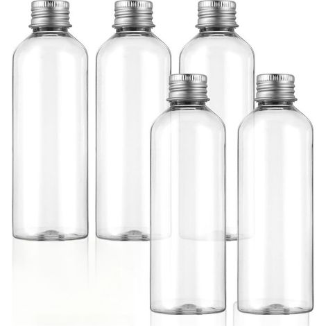 Lot de 5 bouteilles de voyage de 100 ml pour articles de toilette, vides en plastique étanche avec bouchon à vis argenté, accessoires essentiels de voyage pour shampooing, après-shampooing (1/5)