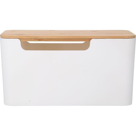 Kleine Kabelbox mit Holzdeckel zur Kabelführung von Fernsehern, Routern, Computern und mehr – ideal für Zuhause und Büro. (1/5)