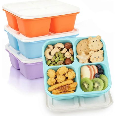 Boîtes à lunch Bento adultes - Lot de 4, 4 compartiments réutilisables empilables sans BPA, orange/violet/vert/bleu, pour maison et travail (1/5)