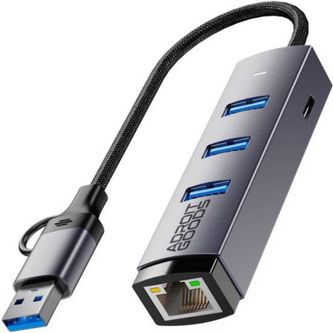USB-C/A-Hub mit Gigabit-Ethernet und 3 USB-3.0-Anschlüssen – 1000 Mbit/s – Hochgeschwindigkeits-LAN-Adapter – Aluminium – Stabile Internetverbindung und Datenübertragung (1/5)