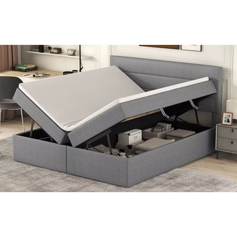 Lit coffre 140x200 cm en tissu gris, cadre bois et métal, grand espace de rangement, ouverture des deux côtés, style minimaliste, montage facile – CHICFURN (1/5)